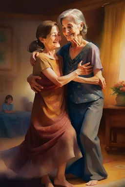 heartwarming cinematic illustration of a loving bond between a daughter and her elderly mother. The daughter, dressed casually in jeans and a blouse, has her arm wrapped around her mother's waist, while the mother, adorned in a bright, flowing gown, gracefully guides her through the dance. Their faces are a picture of joy, with the mother's radiant smile and the daughter's beaming eyes reflecting the love they share. The cozy living room, adorned with cherished family photos and decorations, cre