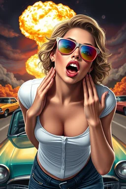 an young woman leaning forward(cropped tightly from between nose and stomach, white top with wide neck opening, cleavage, hands at face with surprised expression, home alone scream, wavy hair, large cheep colorful sunglasses, gloss lips), nuclear explosion and classic Cars in background, greaser, digital painted illustration