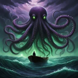 A gigantic octopus-like creature rises from the ocean depths, its tentacles reaching out to the sky. A small boat with a lone figure rows away in terror. The creature's eyes are glowing green, and its skin is a deep purple. The water is dark and murky, and the sky is stormy