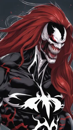 A close picture of Venom symbiote with kratos red tattoos and Clothes, holding blade of choice