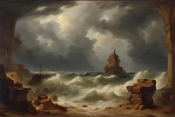 Andreas Achenbach tufting tapestry oil painting stormy sea shores islands ancient temple, in portrait studio