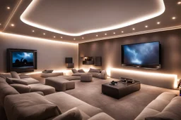 a dedicated home cinema room with LED ambient lighting in the walls