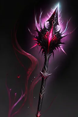 A sorceress evil staff that is a mix colors of red and black crystals and sharp edges, with black aura swirling around it