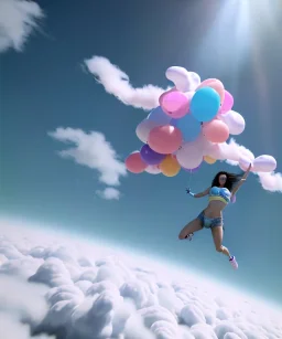 Ultra realistic speed clouds sky scene, wide angle view, sweet womans falling down, inflatable color clothing, free jumping flying, many trinkets, hair monster, many jelly beans, balls, color smoke, smile, happy, circus style, extreme, wind, clouds sea, 20,000 feet altitude, stratosphere, soft color, highly detailed, unreal engine 5, ray tracing, RTX, lumen lighting, ultra detail, volumetric lighting, 3d, finely drawn, high definition, high resolution.