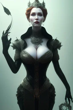 Christina Hendricks as evil queen in black leather, cleavage, angry, stern look. character design by cory loftis, fenghua zhong, ryohei hase, ismail inceoglu and ruan jia. unreal engine 5, artistic lighting, highly detailed, photorealistic, fantasy