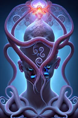 Spiritual being with Tentacles over human Head creating reality around, wrapping Tentacles around Human, Psychedelic