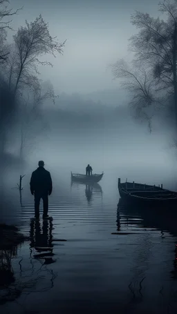 A mysterious man in black standing by the foggy lake black vein, human veins, mixing together a lot of them, like a forest, big and small veins a lot of them. A mist, show a small boat in a man in dark is coming in dark foggy distance and another man is standing on the water bank