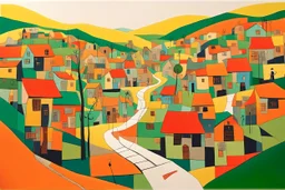 whimsical arafed nonsense, patchwork vibe, acrylic and ink painting of a cozy village main street on undulating hills with color (((minimal))) sketches of village people with (((extremely long limbs))), (((oversize head))), sharp color contrasts, amazing shadows, (((exaggerated limbs and head))), minimal cozy, warm palette, bright bold warm summer green yellow orange black colors, color leak, sparse bright orange-red splinters, heavily distorted views, amazing parallels, amazing reflections