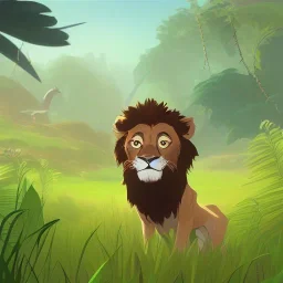 picture for children's book showing a cute lion behind tall grass in the jungle