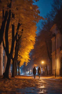 night yellow lights over the street trees autumn leaves under feet ,a Student adult girl with books in her hand walking in street looking to camera a boy who loves her flowing her from distance back