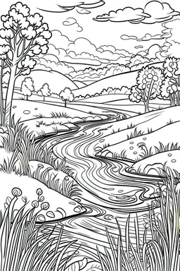 coloring page, creek through a meadow, cartoon style, thick lines, low detail, no shading