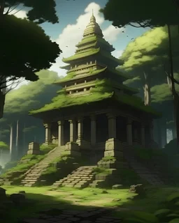 pedras templo destroços floresta anime