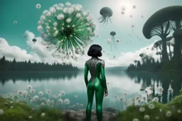 Photo of a skinny woman with a black bob hairstyle, in a green and silver android suit, looking at flying dandelion heads with octopus tentacles looking out over a lake, in an alien forest, with tall narrow cloud trees