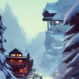 Snow,Chalet on bridges between chasm,mountains cliff, mountain peak,detailed facades+beautiful,richly detailed houses,trees,ornamental flowers +uphill road+biopunk+Book illustration by Gediminas Pranckevičius, Jean Baptiste Monge, Brian Kesinger, Anton fadeev, strong lines, high contrast vibrant colors, highly detailed, 16k resolution