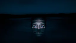 A Man Sinking Face With Only Head & Eyes Are Appearing And The Rest Body Is Sank Under The River Water At Night (Dark Blue And Black Sky) In The Middle Of Nowhere.