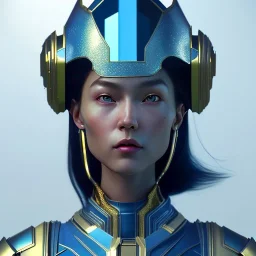 woman, asian race, blue, round helmet, decorative color feathers, retro futuristic, latex coat, soft color, highly detailed, art stations, concept art, smooth, unreal engine 5, god rays, ray tracing, RTX, lumen lighting, ultra detail, volumetric lighting, 3d, finely drawn, high definition, high resolution.