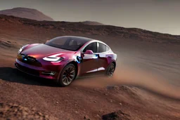 A Tesla 'Model Y' is drifting at high speeds, at the Cydonia region on Mars. (CINEMATIC, WIDE ANGLE LENS, PHOTO REAL)