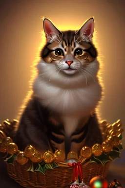 a christmas cat holding a basket of jewels and gems. His fur is realistic. The background is a romantic carpet bokeh digital painting extremely detailed studio lighting crisp quality and light reflections 8k cinematic lighting portrait photorealistic ultra detailed cinematic postprocessing focused