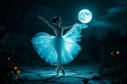 a stunning detalied surreal image where a dancer's dress transforms into a silver and Bioluminescent lihght capturing the elegance and etheraly of dance, the background is a cracked , ruined nightly garden with plants siluettes, and little fireflies, dark night, full shiny moon, stunning, masterpeace