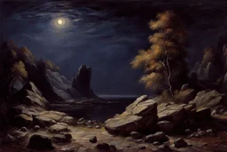 Night, rocks, trees, begginer's landscape, fantasy movies influence, friedrich eckenfelder, and willem maris impressionism paintings