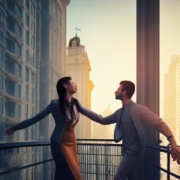 a man and a woman screaming at each other on a balcony, downtown new york, dramatic, dramatic lighting, volumetric lighting, hyperrealism, 8k, high quality, photorealistic, lot of details