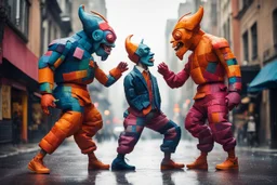 whimsical arafed nonsense, patchwork vibe, (((side view))) two arafed cyberlords fighting each other in a rainy whimsical downtown street with extreme body action and with (((exaggerated body parts))), (((oversize head))), sharp color contrasts, amazing shadows, (((exaggerated limbs and head))), minimal cozy, warm palette, bright bold warm summer colors with yellow orange black colors, color leak, heavily distorted views, amazing parallels, extreme urban decay