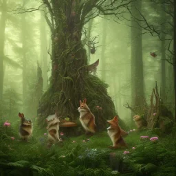 woodland animals standing around a black-robed, hooded figure in a beautiful forest, trees and flowers, 8k resolution, high-quality, fine-detail, iridescent, intricate, digital art, detailed matte, volumetric lighting, beautiful, illustration, 3D octane render, margaret weiss, brian froud, howard lyon, selina french, anna dittmann, annie stokes, lisa parker, greg rutowski,