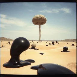 Photography polaroid close-up of a random landscape with massive odd Yves Tanguy incomprehensible style Surrealism, glossy, organic, creepy tumor mass growing, strong texture, fiotti di liquido nero, horror, panic, obsessive, hypnotic