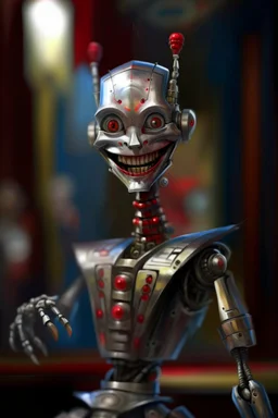 oil painting portrait of smiling robot vampire with long stiletto dagger, bokeh , high detail, smooth render, prize winning