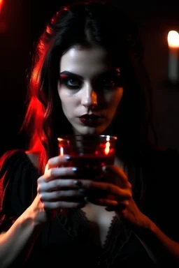 4k full details full lights femme vampire, yeux rouges, tient un verre en main avec du sang