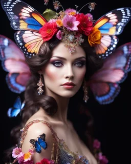 Gorgeous Luxurious Realistic Photography Camera Lens soft blur Pretty European Supermodel as Beautiful Butterfly Lady, a stunning beautiful woman adorned in vibrant carnival attire, ethereal beauty, black background, with swirling colors and fantastical tiny flowers, enchantment and grace, twisted vines, whimsical, surreal landscapes, emotive style, dreamlike quality, and magical realism, carnival red, ethereal pink, whimsical blue, vibrant green, celestial purple, golden amber, and shimmering