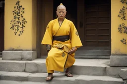 [very impressive high res masterpiece in Kodak Eastman 5247, bokeh scene by Stanley Kubrick] woman Shaolin gangsta monk covered by tattoos waiting outside in yellow kimono, on a stone doorstep, she menaces the camera with her finger