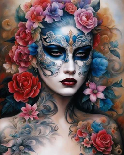 full of tattoos art face beauty colors makeup,beautiful vanice opera mask tattoos painting full of art flowers pictures colors