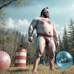 Ultra realistic circus scene. Classic Naked strongman, waist up view, old school tattoo, Wes Anderson style, happy, bubbles, butterflys, highly detailed, concept art, unreal engine 5, god rays, ray tracing, RTX, lumen lighting, ultra detail, volumetric lighting, 3d, finely drawn, high definition, high resolution.