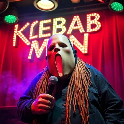 a very fat swedish man, with a mask with only a hole for the mouth, he is called "KEBAB MAN" performing at death metal club, his name is "KEBAB MAN" kebab rolls On stage, kebab Neon lights and smog, and "KEBAB MAN" big sign on the wall, he singing with mic, text in swedish! no translate mr. stable ai, text in swedish! no translate mr. stable ai, text in swedish! no translate mr. stable ai