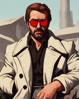 a young man with big muscles who looks like hans gruber wearing a heavy coat and red sunglasses staring with an irritated look on his face standing in front of a large fire