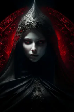 A dark, gothic portrait of a mysterious figure draped in a flowing black veil. The subject wears a red ornate crown adorned with small sharp spikes, giving a celestial yet eerie presence. The background is white solid, enhancing the contrast between the red fabric and the metallic crown. The lighting is dramatic, softly illuminating the veiled face while casting shadows that add to the enigmatic and religiously symbolic atmosphere. The aesthetic is reminiscent of dark baroque or gothic art