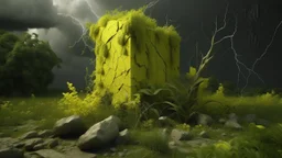 Artistic rendering of a yellow concrete sculpture in ruins, with plants growing through the cracks, during a dramatic thunderstorm.
