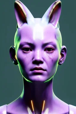 Medium Close Up Portrait, Front image. cyberpunk, rabbit mask, asian woman, short hair. Latex suit. white, pink, color. Cyber woman style. Color background, photo studio. Avatar image, highly detailed, concept art, smooth, unreal engine 5, ray tracing, RTX, lumen lighting, ultra detail, volumetric lighting, 3d, finely drawn, high definition, high resolution.