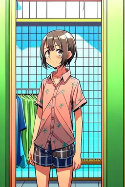 anime girl in a changing room wearing a pyjama shirt and short shirts