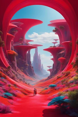 The team stood in awe before a breathtaking landscape, straight out of the fantastical realms envisioned by the legendary Roger Dean. Futuristic multi-colored organic forms stretched as far as the eye could see, their vibrant hues dancing harmoniously with the surrounding environment. It was a sight that defied the boundaries of imagination. Dressed in cute, red, translucent uniforms that revealed glimpses of their adventurous spirits, the girls embarked on a daring hunt for giant alien insects