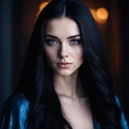 portrait of an very pretty 19 year old woman with long black hair and sapphire blue eyes. Photorealistic. dark romance. 8k