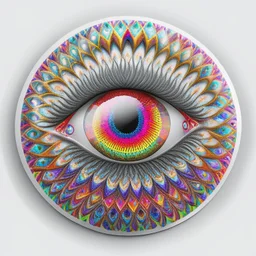 circular sticker on white background, psychedelic multicolor eyes, Optical Illusion, gradients multicolor, intricated Pattern, HD, 3D , Unreal engine, solids, highly detailed, vibrant color, octane render, centered