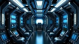 engine room of space ship, realistic, blue and black colors