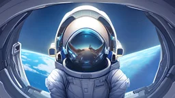 Female Astronaut looking out into space from a small window on her spaceship, in the style of Perfect Blue, Somber, beautiful planets, stars, inside of the spaceship, viewing from behind