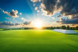 a big open disko stage in country side environment ,green field , at distance,blue sky pretty clouds ,sunset.