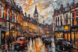 palette knife painting of a bustling Victorian London , in the Expressionist style of Egon Schiele, Oskar Kokoschka, and Franz Marc, highly detailed in muted natural colors with fine detail outlining and shading