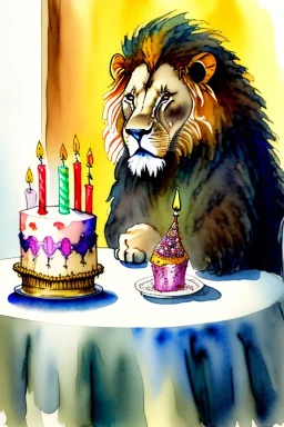 Lion wearing kippah is sitting at a table with a birthday cake. Watercolour