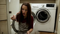 very confused young woman puts a few metal spoons into the household dryer