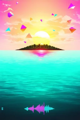 A professional music cover art for a Tropical House track, ultra-modern and visually striking. A dreamy tropical sunset scene with a neon gradient sky blending cyan, magenta, and warm golden tones. A minimalist island silhouette in the distance surrounded by calm reflective ocean water. Subtle geometric soundwave patterns subtly integrated into the sky and water surface, representing rhythm and music. Floating abstract shapes inspired by synth waveforms and audio modulation, softly glowing. A st